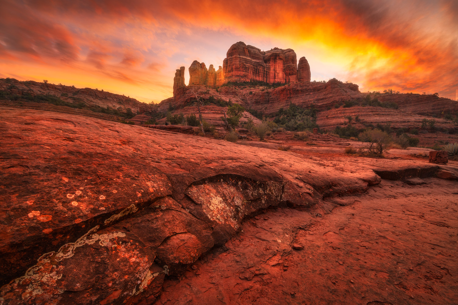 red rocks leading up to Cathedral Rock at sunset